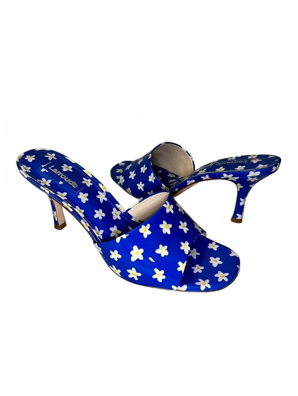 Larroude Blue Floral Open-Toe Heels Size 8.5
